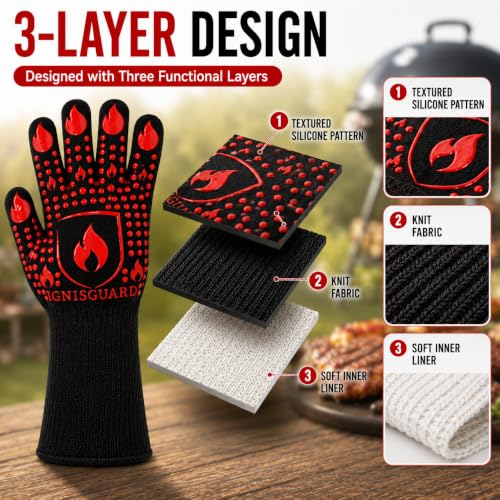 IGNISGUARD® BBQ Gloves, Heat Resistant Grill Gloves, 1 Pair, Red (L) | EN407:2020 tested with textured silicone grip, three-layer construction and long knit cuff for added wrist coverage. - color: Red, size: Large
