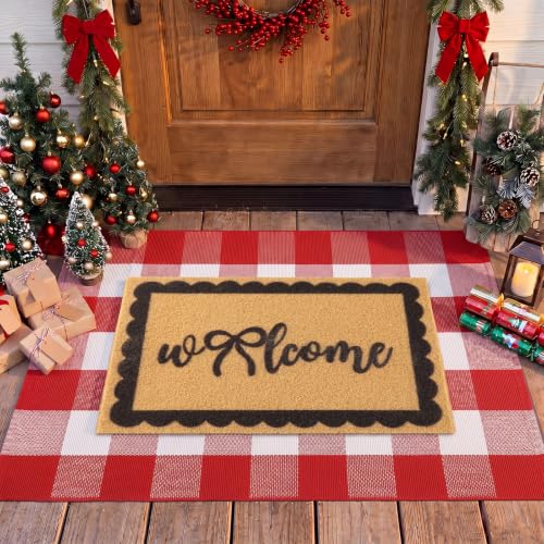 2 Pcs Red Black Bow Welcome Front Door Mat Outdoor Combo Set, 27.5'' x 43'' Double Buffalo Plaid Layered Front Porch Rug with Heavy Duty Backing Coir Doormat Outdoor Entryway Decor - color: Red Black