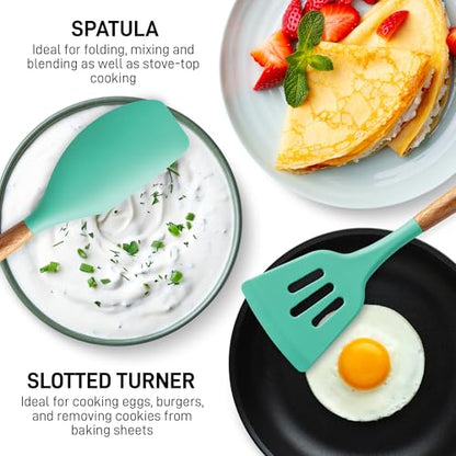 Zulay Kitchen 5 Piece Silicone Utensil Set | Non-Stick Silicone Cooking Utensils Set with Acacia Wood Handles - 464°F Heat Resistance Kitchen Utensils Set - Mint - color: Mint, size: 5-Piece Set