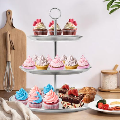 3 Tier Silver Cupcake Stand Stainless Steel Dessert Display Rack with Removable Tiered Tray for Parties,Weddings,Birthdays,Decorations,Any Festivals and Festivities(Stainless Steel Pole)