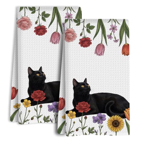 jeilink Cute Black Cat Kitchen Towels Set of 2, Dish Towels for Kitchen Soft Absorbent Tea Hand Towel for Home Dorm Cooking, Baking Decorative Housewarming Aesthetic Vintage Flower, 13.8 x 23.6 Inch - color: Cat 1452