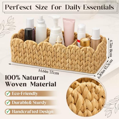 Novabright 2 Pack Toilet Tank Basket, Scalloped Wicker Storage with 3 Compartments, Hand Woven Water Hyacinth Tank Topper for Toilet Paper Storage, Bathroom Shelves, Countertop Organizer