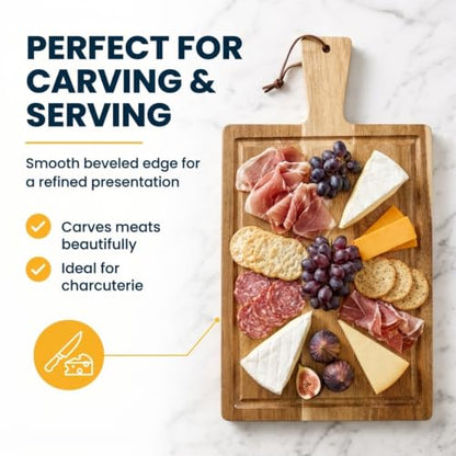 Acacia Wood Carving Board | 17" x 9.75" Charcuterie & Serving Board | Handle with Lanyard | Beveled Edge Design - color: Acacia, style: Wide Rectangle Non-Customizable
