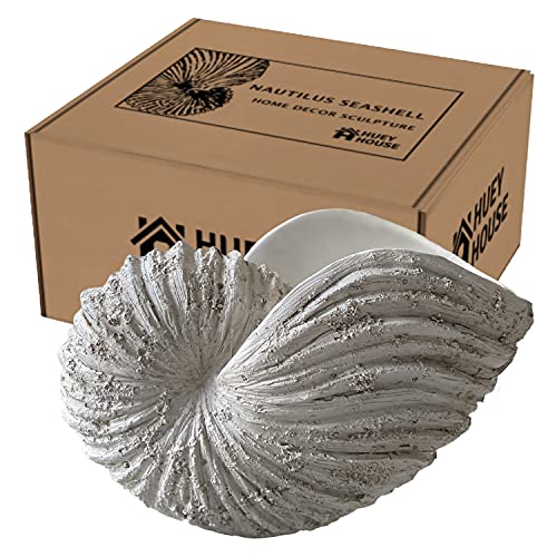 Large Nautilus Shell Sculpture, White Seashell Beach Decor | Rustic white polyresin nautilus replica; 9.8 x 5.9 x 7.9 in; coastal shelf, tabletop, ocean-theme decor; gift boxed