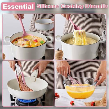 LIANYU 14 Pcs Silicone Cooking Utensils Set with Holder, Pink | Kitchen Utensils Set for Non-Stick Cookware, 446°F Heat Resistant Cooking Tools with Comfort Grip Handle, Dishwasher safe - color: Pink
