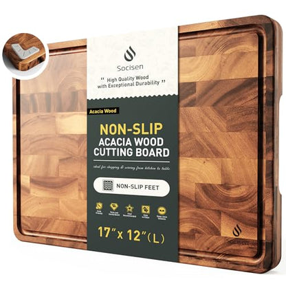 End Grain Cutting Board for Kitchen with Non-slip Feet, Acacia Wood Heavy Duty Checkered Cutting Board Upgraded Chopping Board with Juice Groove & Handle Large Wooden Butcher Block with Gift Box - size: 17"L x 12"W