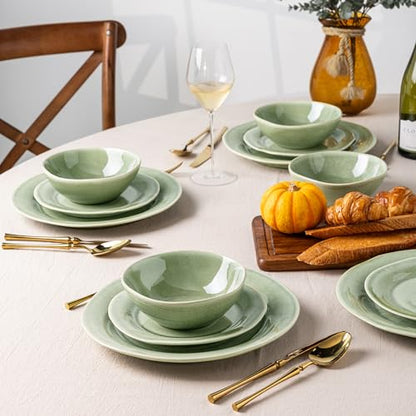 AmorArc Ceramic Dinnerware Sets for 4, Handmade Plates and Bowls Sets | Stoneware Reactive Glaze Dish Set, Scratch Resistant, Dishware Set for Kitchen Wedding, Dishwasher & Microwave Safe, 12 Pcs - color: Olive Green