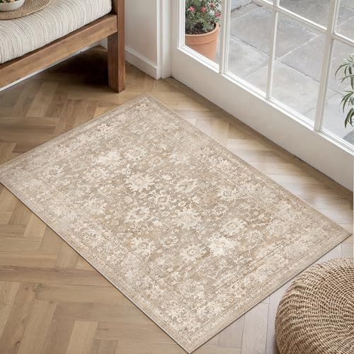 2x3 Beige Retro Distressed Washable Area Rug for Entryway | Low Pile, Non Slip, Vintage Distressed, Soft Indoor Rug for Entryway, Kitchen, Bathroom, Door Mat, Home Decor - color: A| Beige, size: 2' x 3' (Rectangular)
