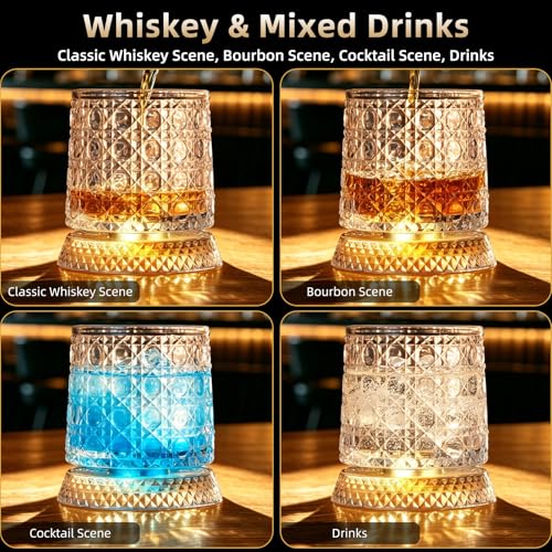 Luxury 360° Spinning Crystal Whiskey Glass Set Of 2, Rotating Old Fashioned Rocks Glasses & & 4 Color Lighting, Scotch & Bourbon, Cocktail Glasses for Bar, Party, Home, and Gift (Gemstone) - color: Gemstone