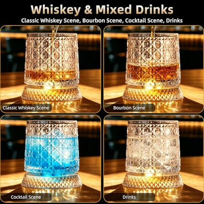 Luxury 360° Spinning Crystal Whiskey Glass Set Of 2, Rotating Old Fashioned Rocks Glasses & & 4 Color Lighting, Scotch & Bourbon, Cocktail Glasses for Bar, Party, Home, and Gift (Gemstone) - color: Gemstone