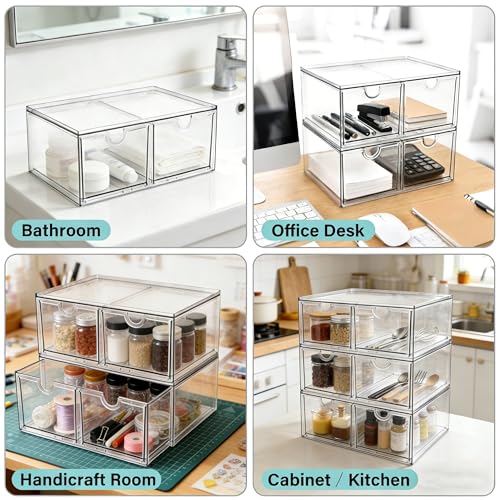 Prsildan Stackable Clear Makeup Organizer Acrylic Storage Drawers with 2 Drawers for Vanity Bathroom Office Desk Modular Drawer System for Cosmetics Jewelry Toiletries Home Organization - size: Stackable-2Drawers