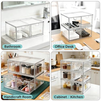 Prsildan Stackable Clear Makeup Organizer Acrylic Storage Drawers with 2 Drawers for Vanity Bathroom Office Desk Modular Drawer System for Cosmetics Jewelry Toiletries Home Organization - size: Stackable-2Drawers