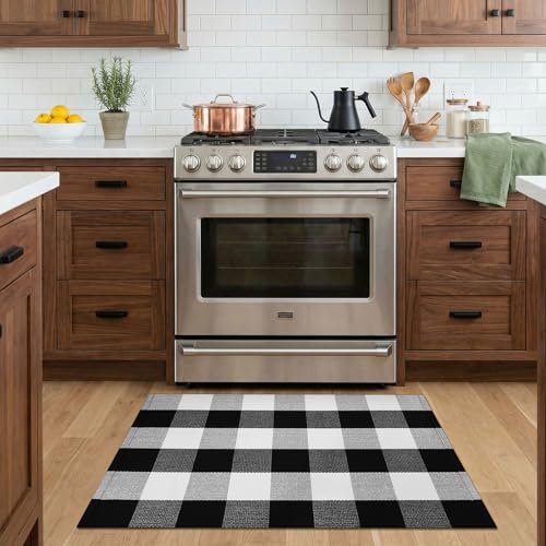 KOZYFLY Buffalo Plaid Area Rugs 2x3 Ft Black and White Checkered Rug Washable Front Door Mat Hand Woven Cotton Outdoor Rug Small Rug for Front Porch Kitchen Entryway Patio Bathroom | Washable Front Door Mat, Woven Cotton Outdoor Rug, Indoor Small Rug for