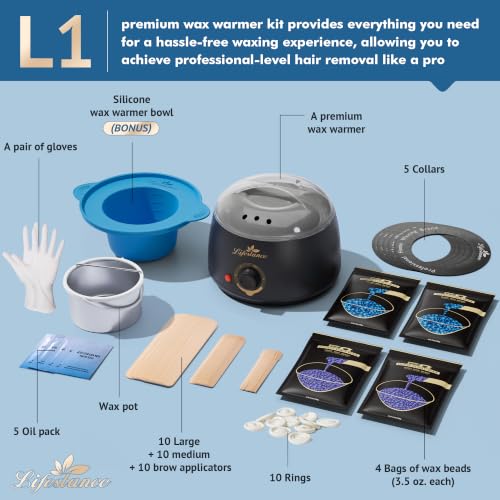 Lifestance Complete Home Waxing Kit, L1 Hard Wax Warmer for Hair Removal, Brazilian Bikini Wax Kit for Women Men, 59 Items, No-Mess Silicone Liner, Wax Heater, Hot Wax Pot for Body Leg Face Eyebrow | Brazilian, Bikini, Body, Leg, Face & Eyebrow, 59-Piece