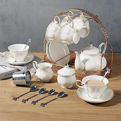 CHENP.HMC Tea Set 22-Piece Porcelain Ceramic Coffee Tea Gift Sets Cups Saucer Service for 6 Teapot Sugar Bowl Creamer Pitcher and Teaspoons (White) - color: White