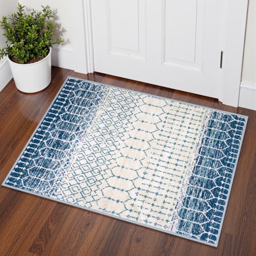 Lahome Moroccan Entryway Rugs Indoor 2x3 Area Rug Blue Non-Slip Backing Washable Indoor Mats for Entryway Low-Profile Throw Soft Rugs for Bathroom, Geometric Print Door Rug for Kitchen Bedside Hana - color: Blue/Cream, size: 2' x 3' (Rectangular)