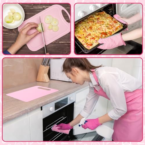 29 Pcs Pink Kitchen Utensils Set, Kitchen Decor Accessories with Silicone Cooking Utensils, Oven Mitts, Dish Towels, Cutting Boards and Apron for Cooking Baking