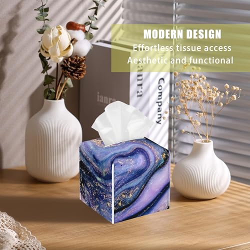 Purple and Gold Marble Tissue Box Cover Square, Abstract Art Tissue Box Holder with Bottom Belt Leather Facial Paper Organizer Dispenser for Bathroom Bedroom Dresser Night Stand Tabletop - color: Purple and Gold Marble