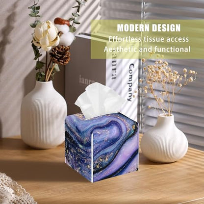 Purple and Gold Marble Tissue Box Cover Square, Abstract Art Tissue Box Holder with Bottom Belt Leather Facial Paper Organizer Dispenser for Bathroom Bedroom Dresser Night Stand Tabletop - color: Purple and Gold Marble