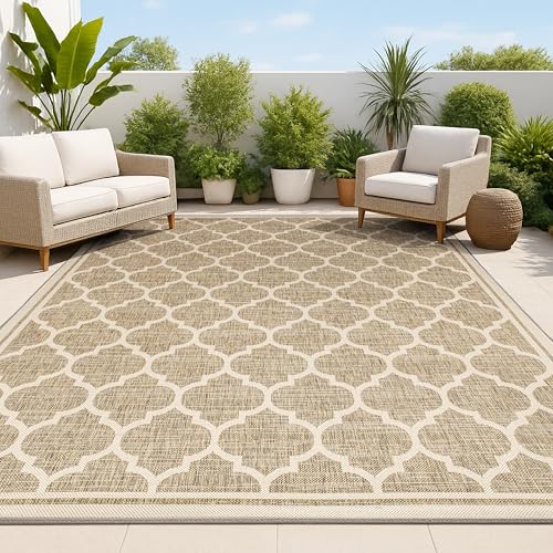 JONATHAN Y Moroccan Trellis Indoor Outdoor Area Rug 3X5 Brown/Beige, Trebol Textured Weave for Backyard, Patio, Porch, Easy-Cleaning, High Traffic, Pet-Friendly, Non-Shedding (SMB109A-3) - color: Brown/Beige, size: 3'1" x 5' (Rectangular)