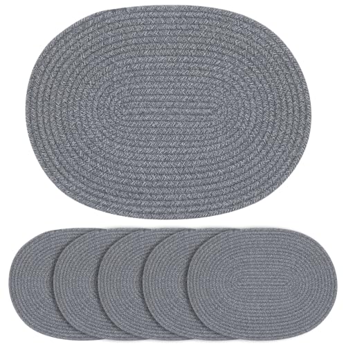 Oval Woven Cotton Placemats Set of 6, Thick Braided Rope Table Mats, 17 x 13 Inches Large Non Slip Heat Resistant Place Mats for Dining Table, Farmhouse Boho Hot Pads for Kitchen Decor (6, Gray) - color: Gray