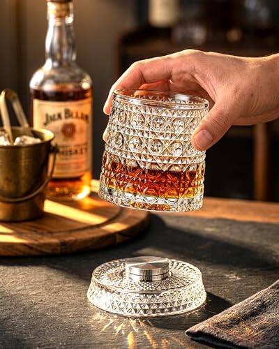 CEEFU 360° Spinning Whiskey Glasses Set with Gift Box, Set of 2 | Old Fashioned with Rotating Base - 2 Big Ice Ball Molds - Bourbon, Cocktail, Rocks, Bday Gifts Ideas for Men, Gem Pattern - size: 9.5 oz-Gemstone Pattern