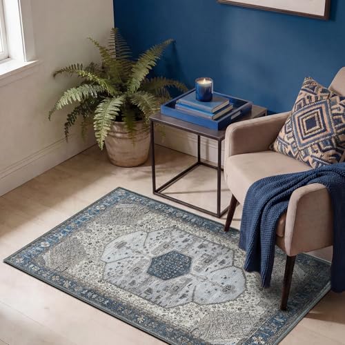 Keen Home Design 2x3 Rug - Machine Washable Entry Rug with Non-Slip Backing, Ideal for Enteryway, Kitchen, Bathroom, Laundry Room - Vintage, Easy Clean, Durable, Low Pile Rug - (2' x 3') - color: Blue/Beige, size: 2' x 3' (Rectangular)