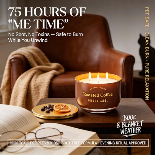 Hidden Label Roasted Coffee Candle, 18oz 3-Wick Soy Wax, 75H Aromatherapy | Long Lasting Burn | Strong Hot & Cold Throw | Non Toxic Plant Based | Kitchen & Office Decor | Gift Ready - color: Roasted Coffee