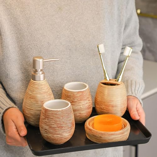 Bathroom Ceramic Accessories Set, 6 Piece Bathroom Set with Including Soap Dispenser Mouthwash Cup Soap Dish Toothbrush Holder Tray (Brown)