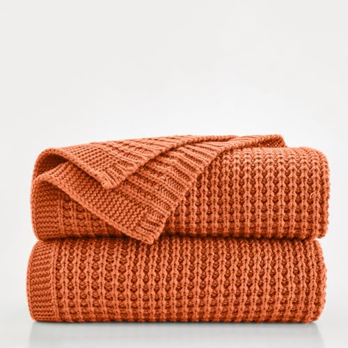 Douceur Rust Orange Fisherman's Rib Cable Knit Throw Blanket 50"x60" | Blanket for Couch, Soft Chunky Cable Knit Blanket, Classic Fisherman's Rib Stitch Throw for Living Room Gift - color: Brioche-orange, size: 50"X60"