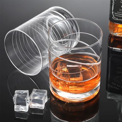 Joeyan Hand Blown Etched Whiskey Glasses,Old Fashioned Tumblers with Stripes Dots Pattern,Clear Carved Rocks Glasses,Scotch Bourbon Glassware for Party Anniversary,13.5 oz,Set of 4,Dishwasher Safe - color: Etched Dots Swirls Strips Patterned Whiskey Glass