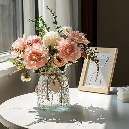 Fake Flowers with Vase,Faux Flowers in Vase for Home Decor,Silk Pink Dahlia Artificial Flowers with Vase for Coffee Table Decor,Living Room Bathroom Plant Decor, Centerpiece Table Decorations