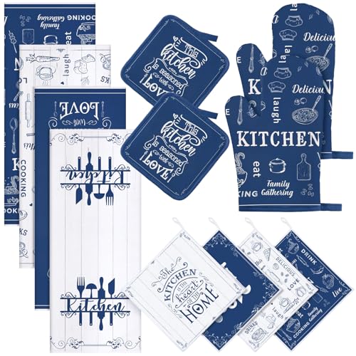 12 Pcs Farmhouse Kitchen Oven Mitts and Pot Holders Decor Sets 4 Blue Kitchen Hand Towels 4 Absorbent Dishcloths 2 Pot Holders 2 Oven Mitts Glove for Home Decorations Mom Baking Cooking Grilling Gift - color: Blue and White, style: Classic