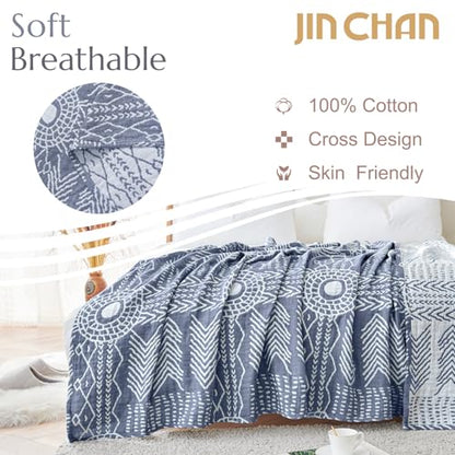 jinchan 100% Cotton Muslin Blanket Twin Boho Throw Blanket 60x80 Blue Gray | 3-Layer, Tribal Geometric Quilt, Cooling Breathable Lightweight, for Adult, Soft, Reversible, Couch, Sofa, Bedroom, Coverlet - color: A. Boho Blue, size: 60"x80"