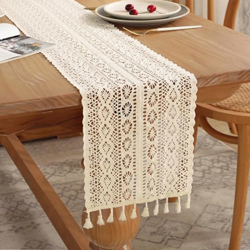 108 Inch Boho Crochet Table Runner, Beige Cotton Lace Table Runner | Vintage Bohemian Chic, Rustic Farmhouse Macrame, for Rectangle Dining Table, Wedding Banquet/Kitchen/Living Room Decor - color: Beige, size: 12"Wx108"L