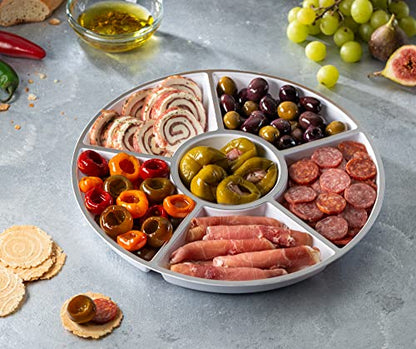 6 Sectional Round Plastic Serving Tray/Platters White W Silver Rim 4 Pack - color: White & Silver
