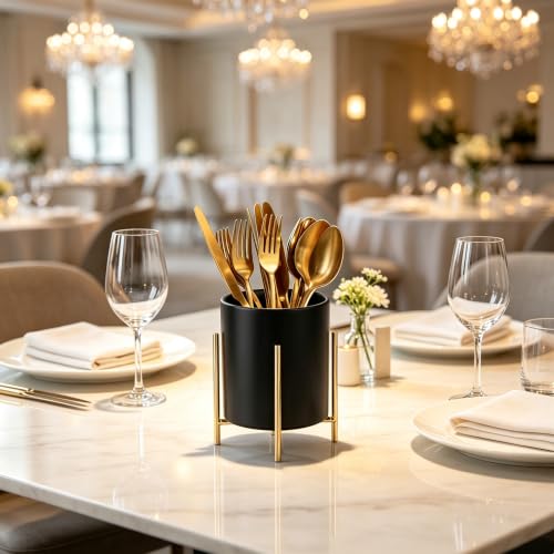 2pcs Sturdy Cutlery Holder White Ceramic With Metal Bracket Robust Silverware Caddy For Countertop - Spoon Holder Silverware Caddy - color: Black gold, size: S
