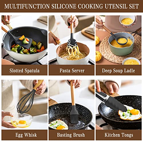 Umite Chef Kitchen Cooking Utensils Set, 33 pcs Non-stick Silicone Spatula Set with Holder, Woodle Handle Heat Resistant Gadgets Utensil (Gray) - color: Gray