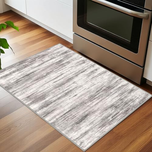 KOZYFLY Modern Abstract Small Area Rugs 2x3, Washable Kitchen Rug Non-Slip Soft Small Bathroom Rug, Grey/Light Beige/Brown Striped Entryway Rugs Abstract Print Faux Wool Doormat - color: Grey/Light Beige/Brown, size: 2' x 3' (Rectangular)