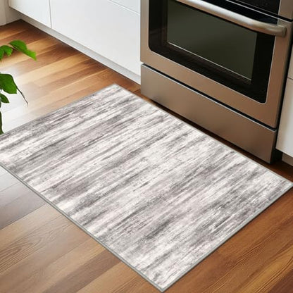 KOZYFLY Modern Abstract Small Area Rugs 2x3, Washable Kitchen Rug Non-Slip Soft Small Bathroom Rug, Grey/Light Beige/Brown Striped Entryway Rugs Abstract Print Faux Wool Doormat - color: Grey/Light Beige/Brown, size: 2' x 3' (Rectangular)