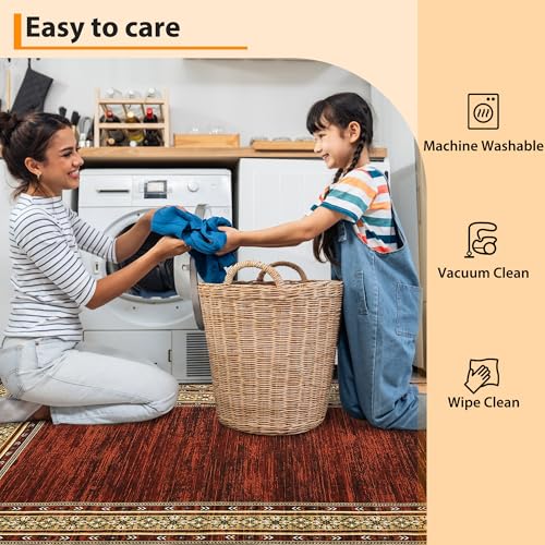 Modern Washable Runner Rug 2x6 Non Slip Bordered Solid Area Rugs, Washable Kitchen Mats Bedside Rug, Stain Resistant Soft Bathroom Carpet, Foldable Runners for Hallways, Entryways, Red | Non Slip Non Shedding Stain Resistant Neutral Textured Solid Foldabl
