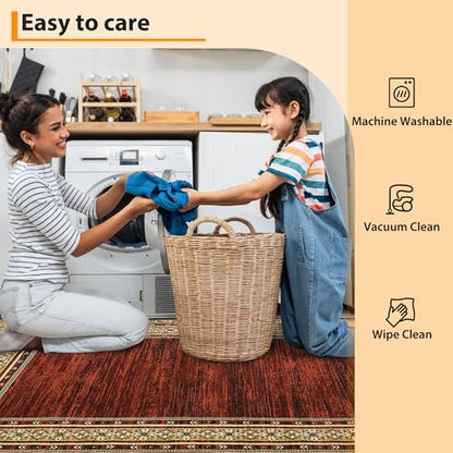 Modern Washable Runner Rug 2x6 Non Slip Bordered Solid Area Rugs, Washable Kitchen Mats Bedside Rug, Stain Resistant Soft Bathroom Carpet, Foldable Runners for Hallways, Entryways, Red | Non Slip Non Shedding Stain Resistant Neutral Textured Solid Foldabl