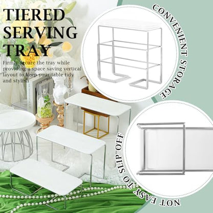 12-Inch Rectangular 3 Tier Serving Tray Stand, White Acrylic Trays with Silver Painted Iron Rack, Removable Dessert Display for Cupcakes, Appetizers, Fruit and Cookies - color: White and Silver