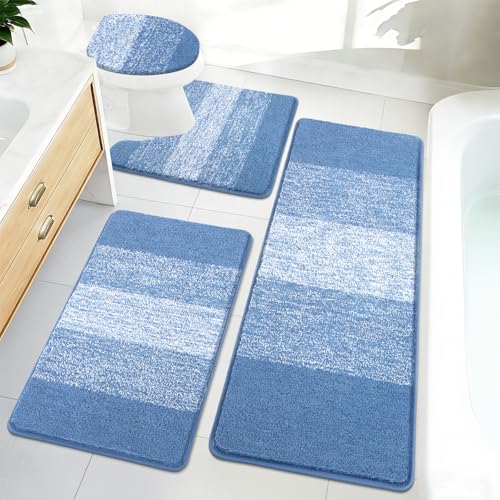 Bsmathom Bathroom Rug Set 4 Piece, Plush Microfiber Bath Mat, Blue | Extra Water Absorbent, Non Slip Washable Runner Bath Rugs with Toilet Lid Cover and U-shaped Contour Toilet Mat - color: Blue, size: 20"x31"+20"x59"+U20"x24"+Cover19"x21"