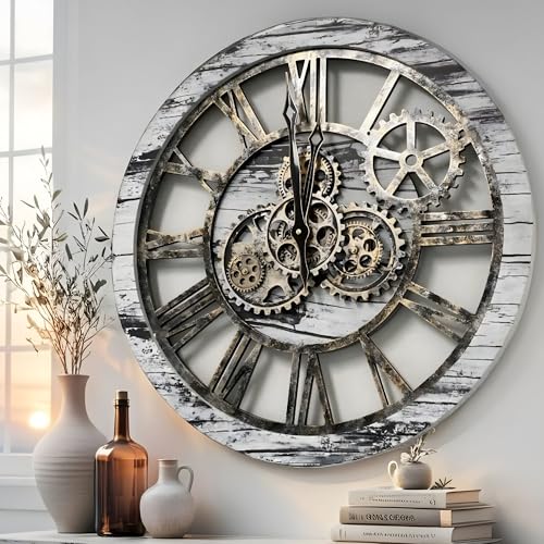 The Gears Clock The Original Real Moving Gear Wall Clock Vintage Industrial Oversized Rustic Farmhouse (24 inch (60cm), Vintage Grey and White) - color: Vintage Grey and White
