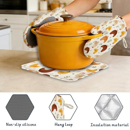 Kitchen Mitts Set,Farmhouse Chicken Oven Mitts and Pot Holders Sets,Thick Cotton Heat Resistant Rustic Hot Pan Holder Extra Long Cooking Mitts for Cooking Baking Grilling BBQ Bakeries - color: Farmhouse Chicken