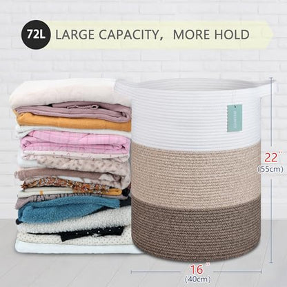 Cotton Rope Blanket Basket, 72L Laundry Hamper, White & Ombre Brown | 16"x 22", Large Collapsible Woven Nursery Hamper with Sturdy Handles for Clothes Toys Towels, Bedroom Living Room Bathroom - color: White & Gradient Brown, size: 72L (16"x22")