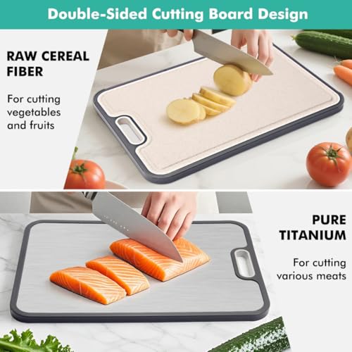 Double Sided Pure Titanium Cutting Board For Kitchen | Reversible Chopping Boards (2 in 1) | Non Toxic Dishwasher Large Size Board With Juice Groove - 15.15"x10.4"