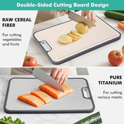 Double Sided Pure Titanium Cutting Board For Kitchen | Reversible Chopping Boards (2 in 1) | Non Toxic Dishwasher Large Size Board With Juice Groove - 15.15"x10.4"