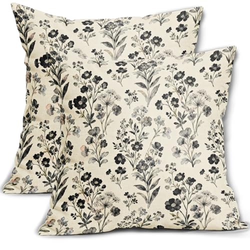 Black Floral Pillow Covers 16x16 Inch Set of 2 Vintage Flowers Pattern Print Decorative Throw Pillowcases Rustic Farmhouse Outdoor Cushion Cases Seasonal Decor for Sofa Couch Bed - color: Black-floral, size: 16" x 16" (Pack of 2)